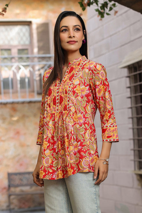Floral Printed Mandarin Collar Cotton Peplum Top